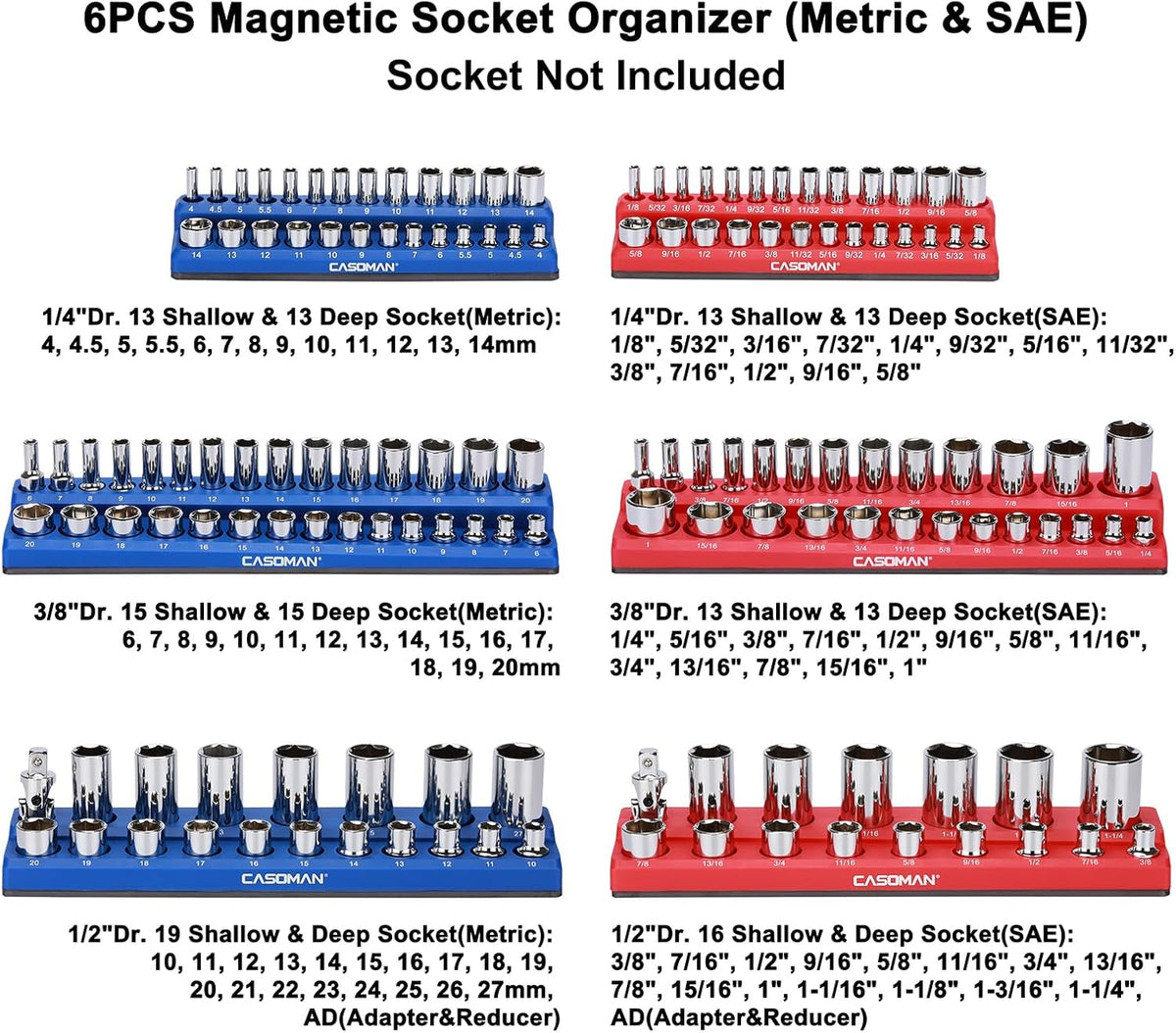 Magnetic Socket Organizer, 6 Piece Socket Holder Kit, 1/2-inch, 3/8-inch, 1/4-inch Drive, Holds 143 SAE&Metric Sockets, Red & Blue, Professional Quality Tools Organizer