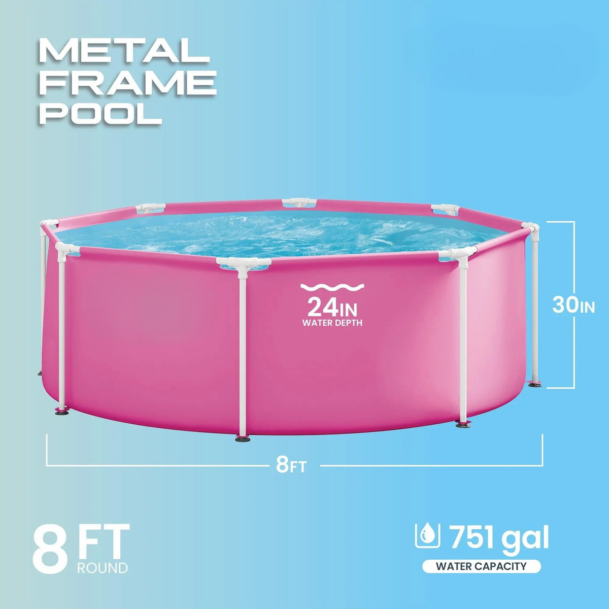 8Ft X 30In Pink Metal Frame Above Ground Swimming Pool