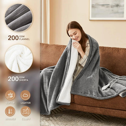 Homemate Cozy Heated Throw Blanket, Plush Flannel Sherpa, 10 Heat Settings, Auto Shut-Off